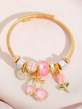 NEW Gold Charm Bangle Bracelet | Pink Heart Cherry Rhinestone Beaded Bracelet